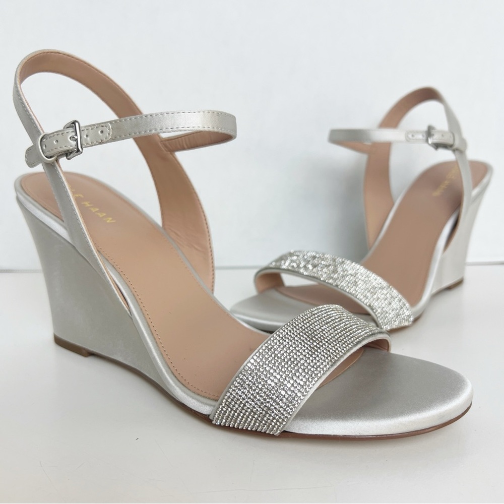 •COLE HAAN• Josie Wedge Ankle Strap Sandal Heel Size 9.5B Gray Satin Crystals